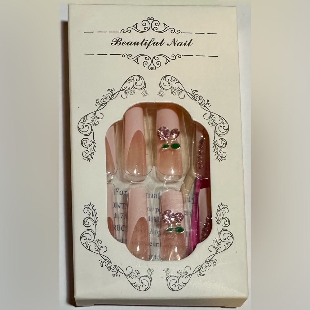 Pink Press-On Nails with Rhinestone Accents